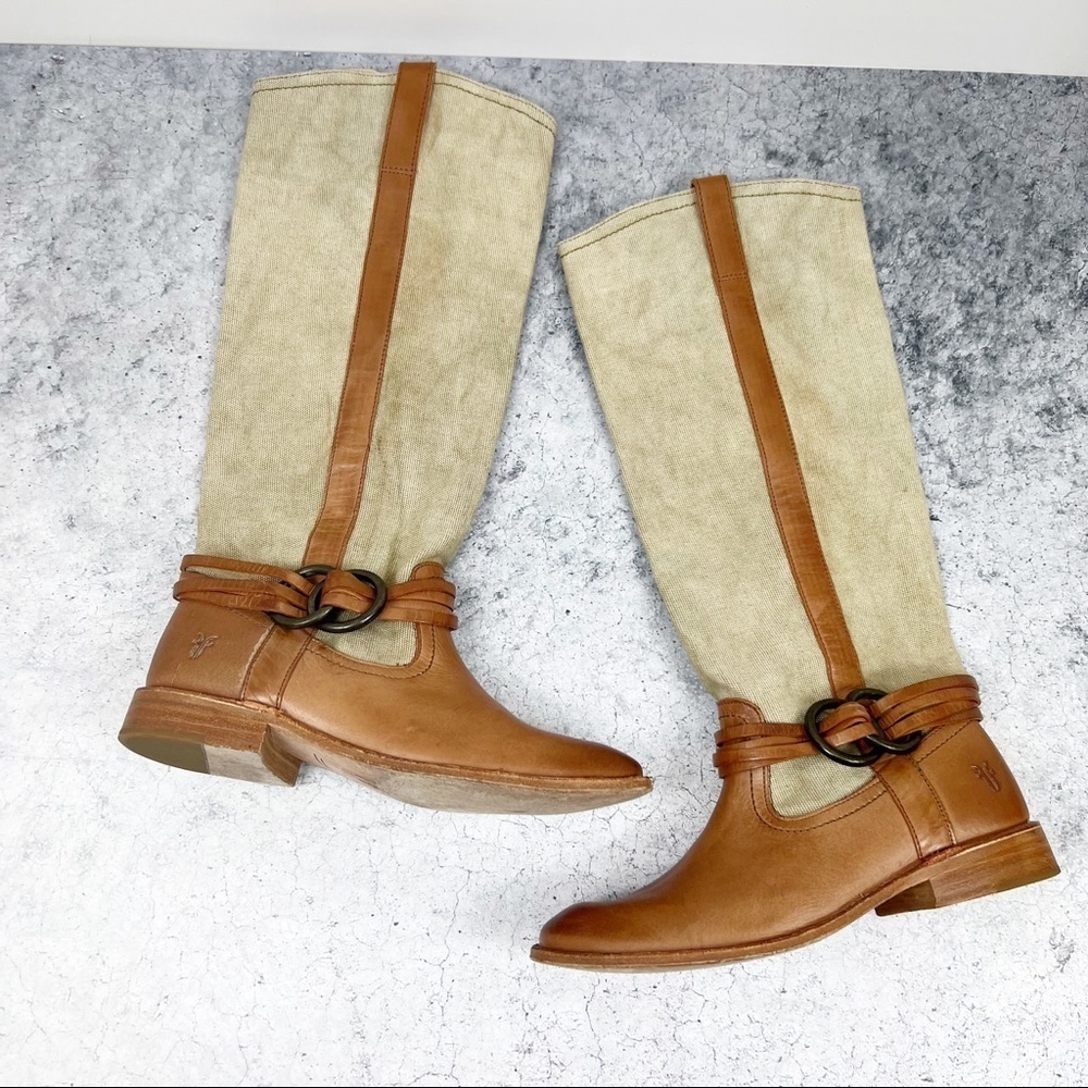 Frye Melissa Canvas and Leather Tall Boots Brown‎ Size 6